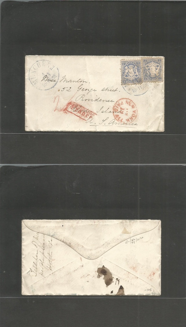 German States-Bayern. 1869-70 (4 Jan) Munnich - USA, Providence, Rhode Island. Fkd Env 7k Blue (x2) Blue Cds + New York  - Autres & Non Classés