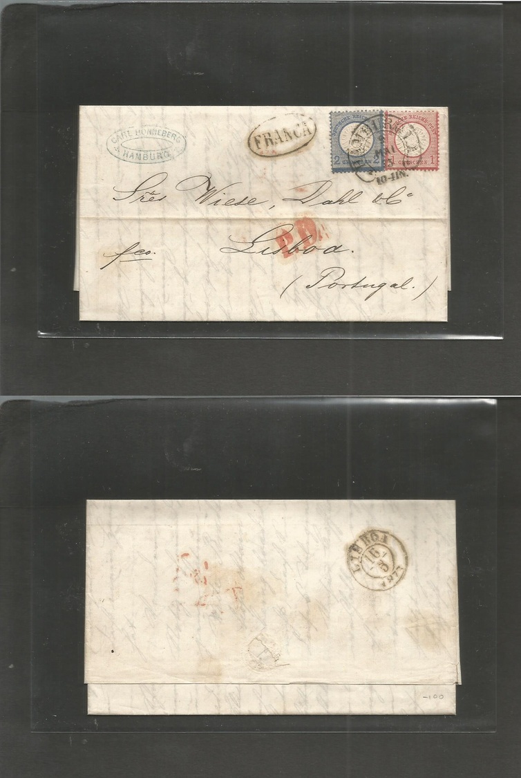 Germany. 1873 (8 May) Hamburg - Portugal, Lisboa (16 March) EL Full Text Fkd 1gr + 2gr Blue, Seahorse Shoe Cancel + Oval - Autres & Non Classés