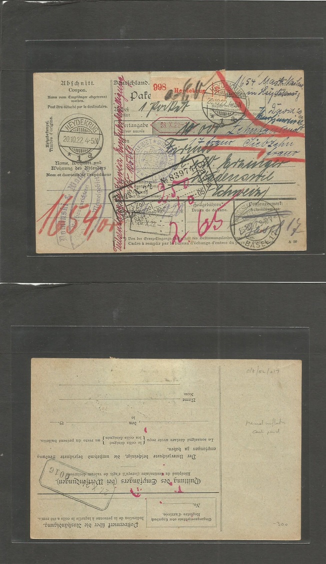 Memel. 1922 (20 Oct) Inflation Period. Cash Paid Heydekrug - Switzerland, Stadeuswill With Deutsche Kartenrüng (25 Oct)  - Autres & Non Classés