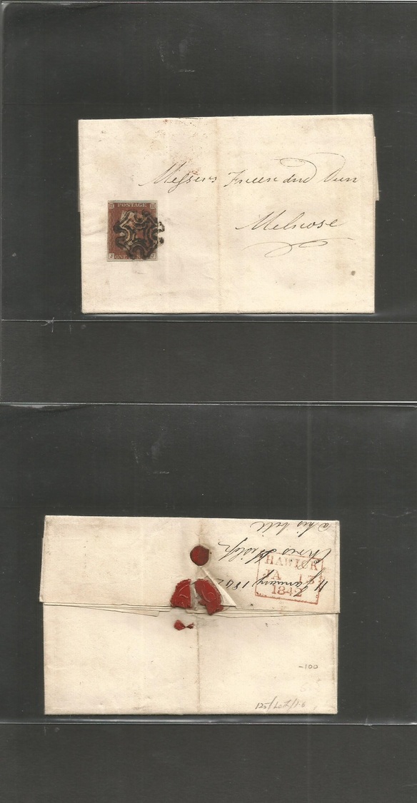 Great Britain. 1842 (11 Jan) Jeniothough - Melrose. EL Full Text Reverse "Hawick 13 JA 42" Red Cachet. Fkd 1841 Penny Re - ...-1840 Préphilatélie