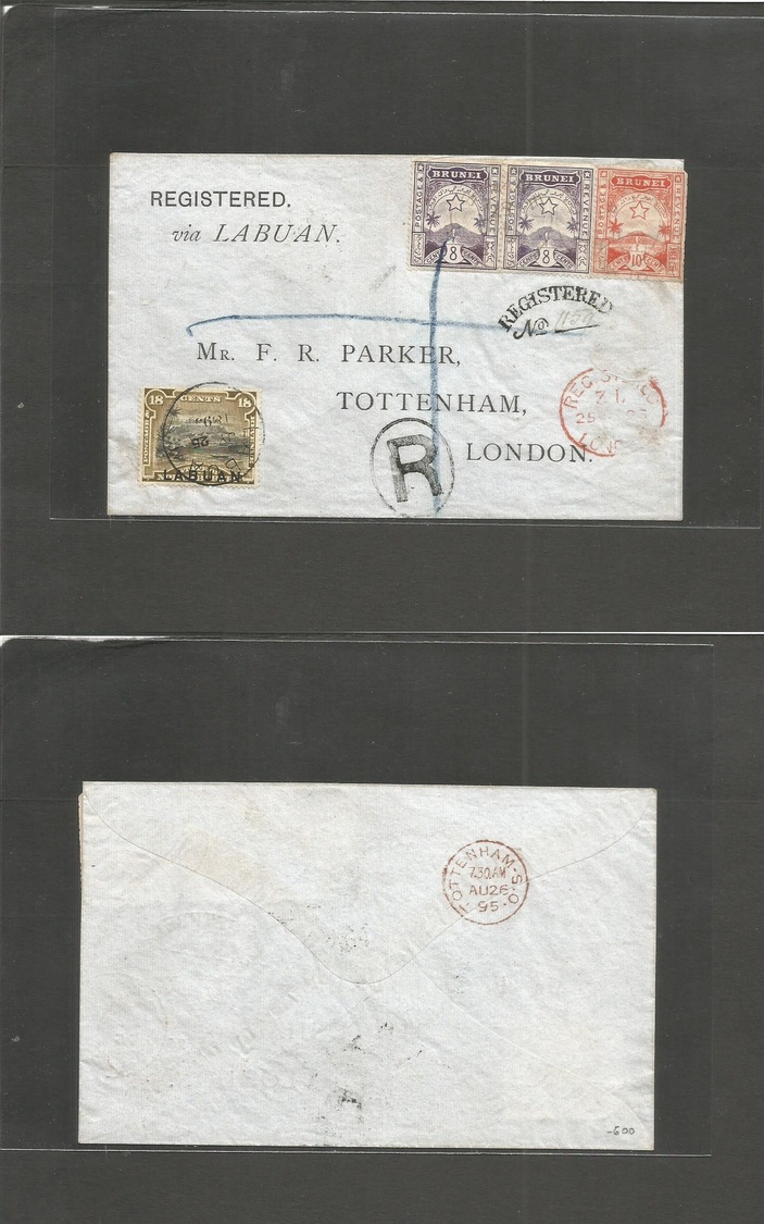 Bc - Brunei. 1895 (18 July) GPO - London, UK (Aug 26) Via LABUAN (25 July) Registered Mixed Franking With Proper Cds + R - Autres & Non Classés
