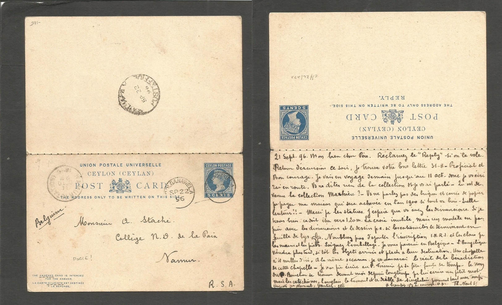 Bc - Ceylon. 1896 (21 Sept) Colgahawela - Belgium, Namur (11 Oct) 5c Blue  Doble Stationary Card, Waty Out Usage With Ar - Autres & Non Classés