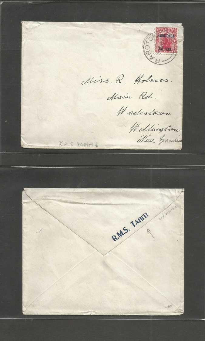 Bc - Cook Is.. 1924 (3 May) Rarotonga - New Zealand, Wellington "RMS Tahiti" Envelope Fkd 2d Ovptd Issue Cds. Fine. - Autres & Non Classés