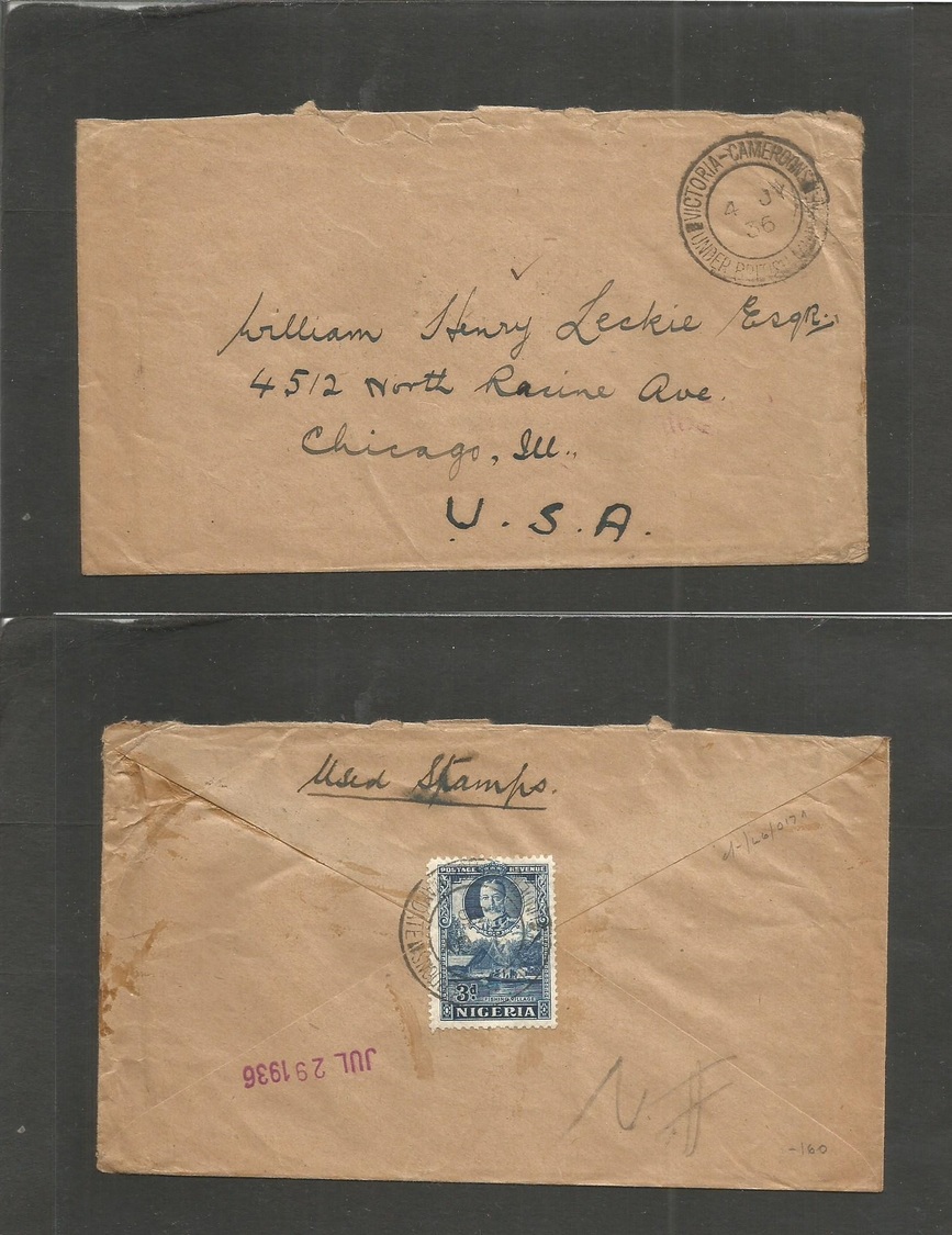 Bc - Nigeria. 1935 (4 July) Cameroons, Victoria - USA, Chicago, Ill. (29 July 36) Reverse 3d Fkd Envelope. Fine Cds Cach - Autres & Non Classés