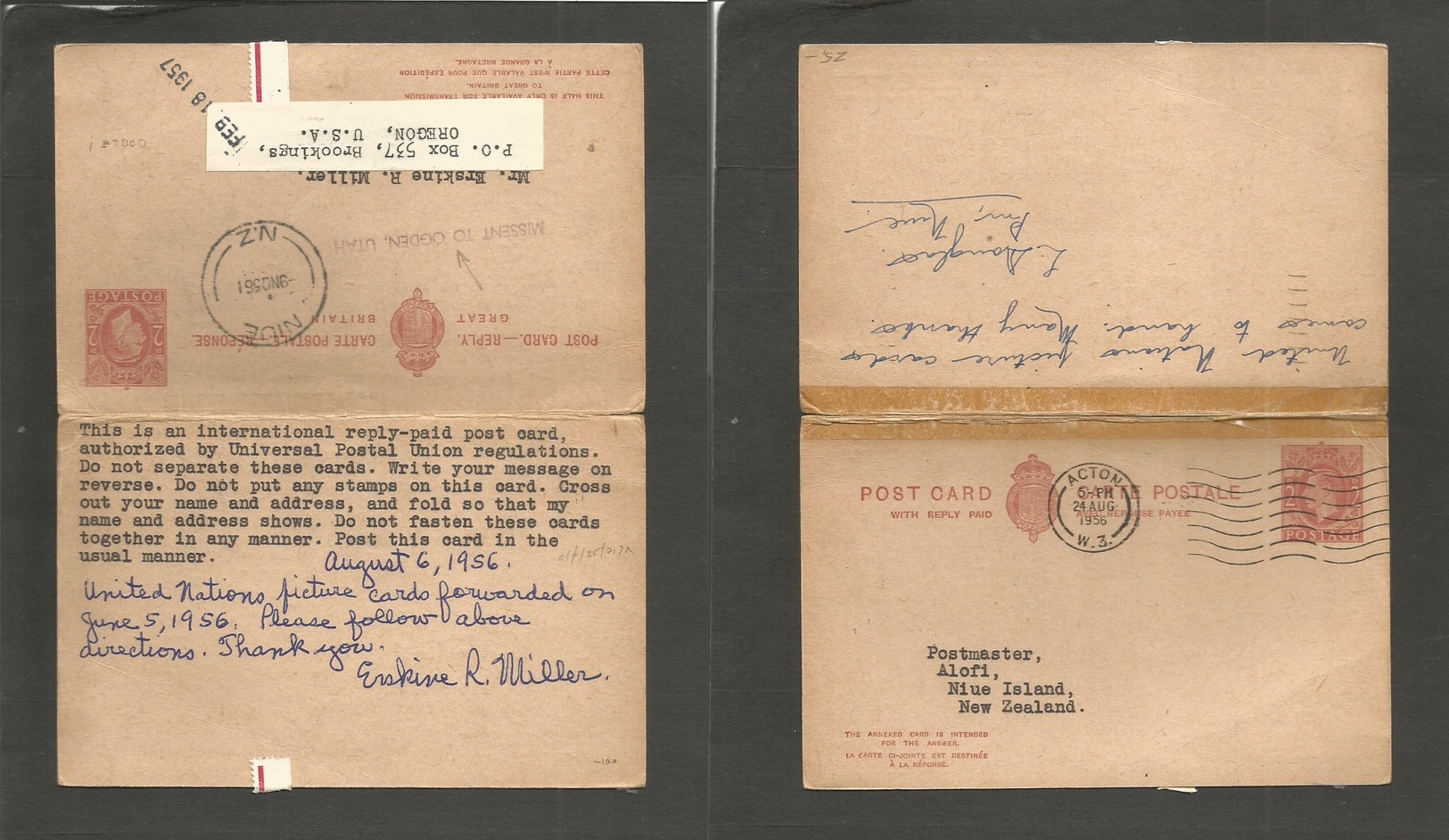 Bc - Niue. 1956 (24 Aug) UK, Acton - Alofi, Niue, NZ And Return (18 Febr 57) Doble Reinforced 2d GB Stat Card On Doble U - Autres & Non Classés