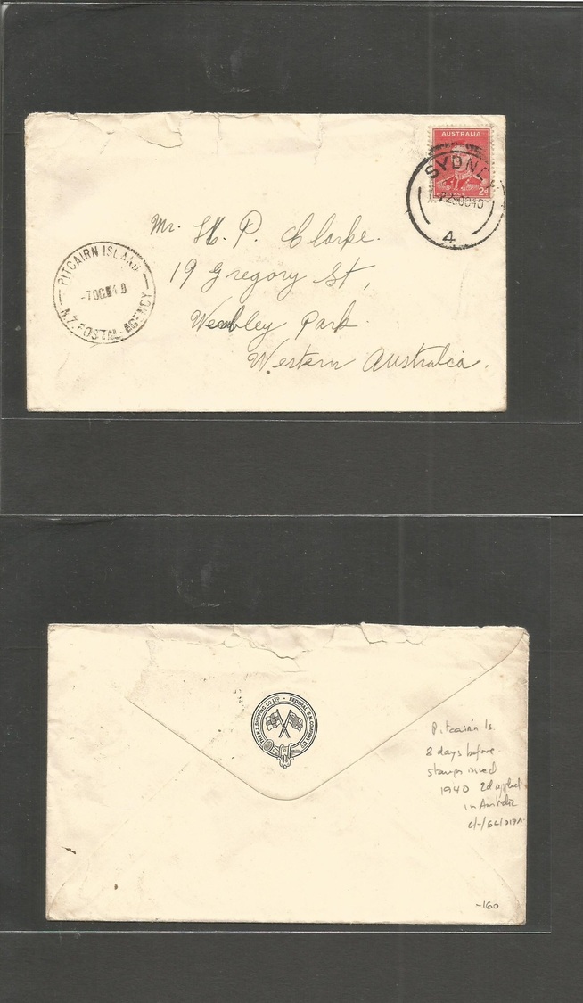 Bc - Pitcairn. 1940 (7 Oct) Pitcairn Island, NZ Postal Agency - Australia, WA, Wembley Park (29 Oct) Australia Fkd Env 2 - Autres & Non Classés