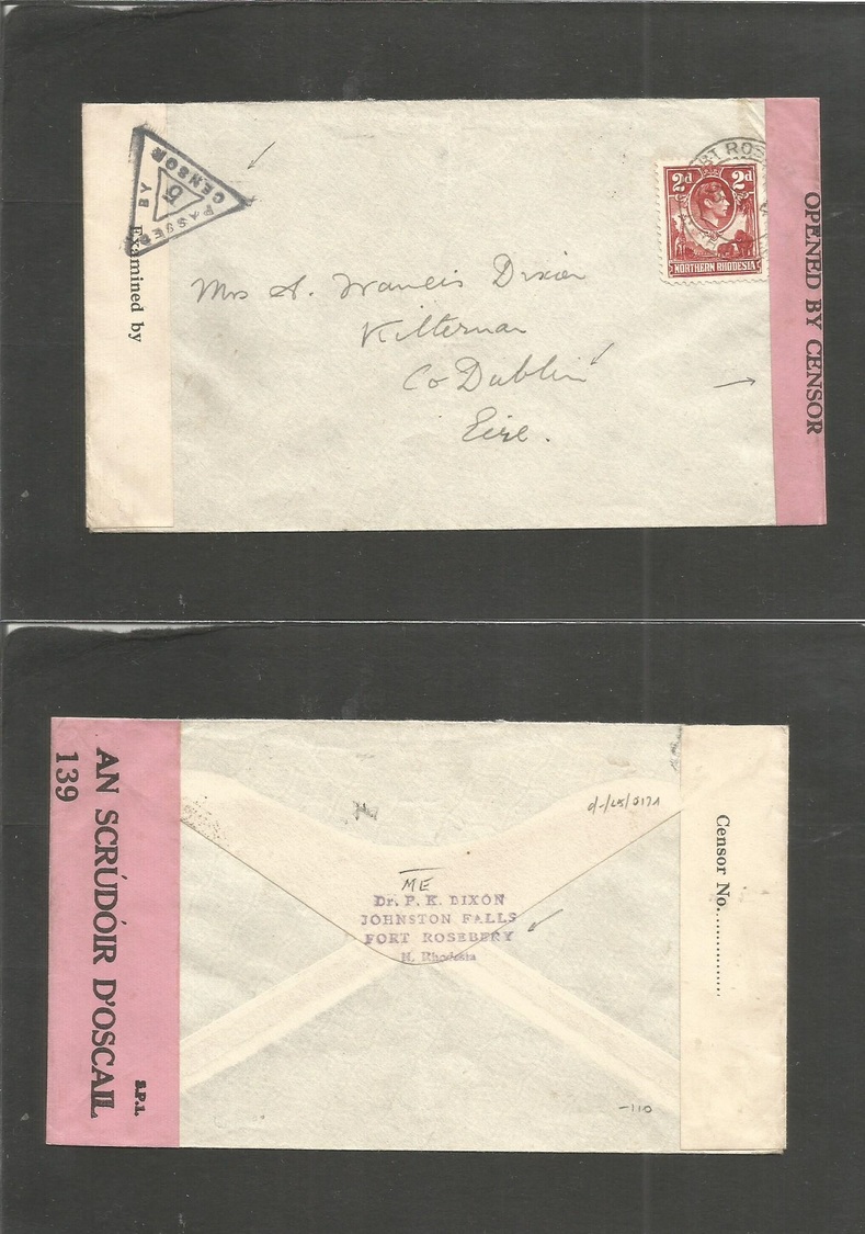 Bc - Rhodesia. 1940-1 (3 June) Fort Rosebery - Eire, Ireland, Co. Publin Kilternat 2d Red Fkd Env. Dual Censor, Rhodesia - Autres & Non Classés