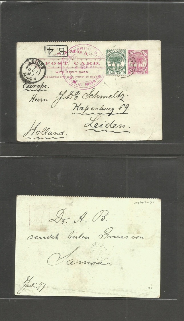 Bc - Samoa. 1897 (July) Apia - Netherlands, Leiden (7 Oct 97) 1d Red Stat Card + 1/2d Green Adtl (missing And Replaced)  - Autres & Non Classés