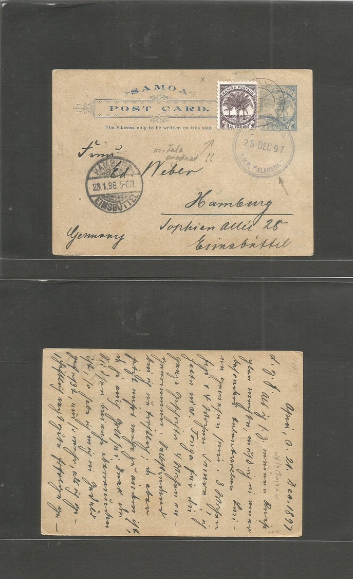 Bc - Samoa. 1897 (21 Dec) Apia - Germany, Hamburg (23 Jan 98) 1d Blue Stat Card+ Adtl 1/2d Lilac (missing + Replaced) Wi - Autres & Non Classés