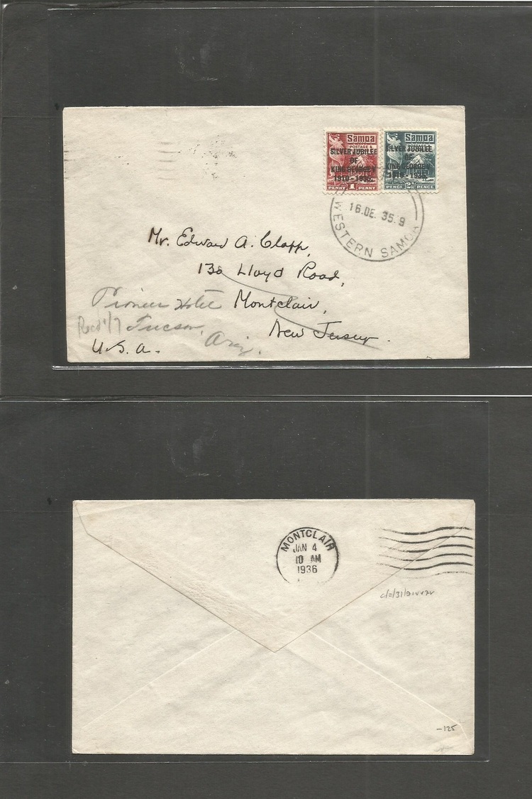 Bc - Samoa. 1935 (16 Dec) Apia - USA, NJ, Montdair Silver Jubilee Issue 3d Rate Fkd Env Cds. VF + Comercial Fwded Usage. - Autres & Non Classés