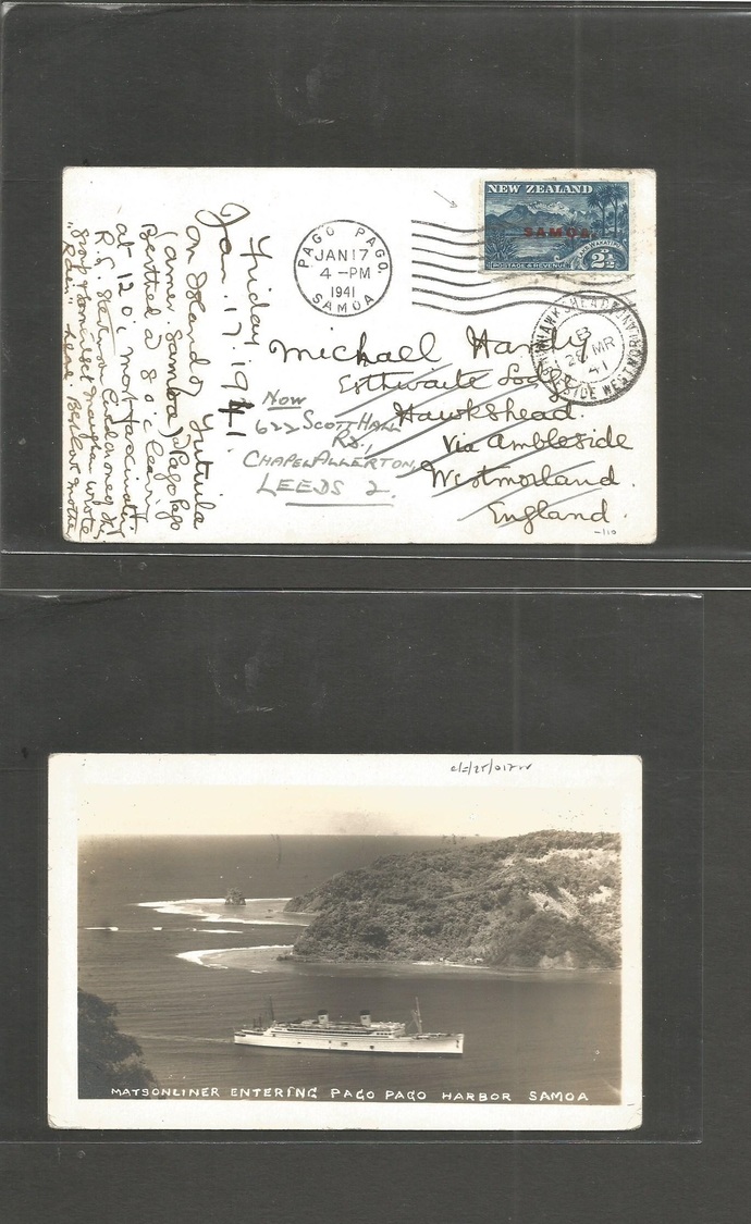 Bc - Samoa. 1941 (Jan 17) Pago Pago - UK, West Moreland Fwded Leeds (28 March) NZ Official Issue Fkd Harbour View Card.  - Autres & Non Classés