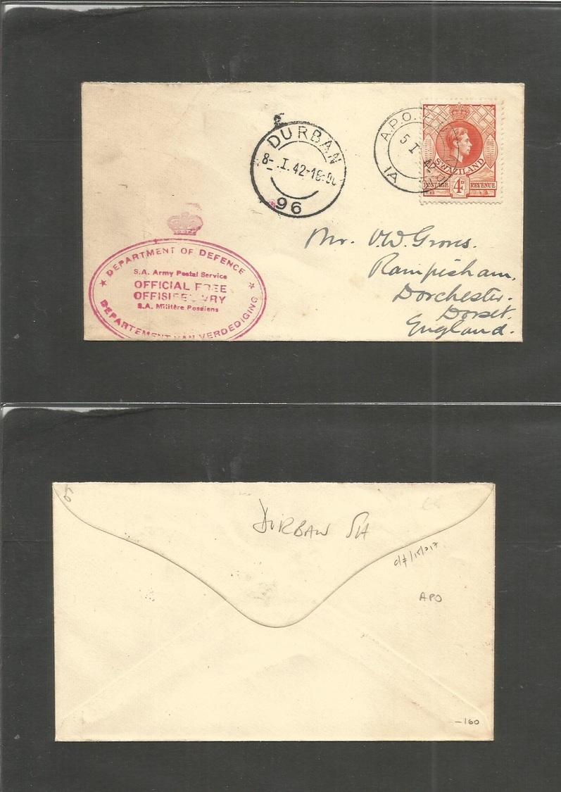 Bc - Swaziland. 1942 (5 Jan) South Africa. APO - U - MPK/1A - UK, Dorset, Dorchester. Via Durban (8 Jan) South African A - Autres & Non Classés