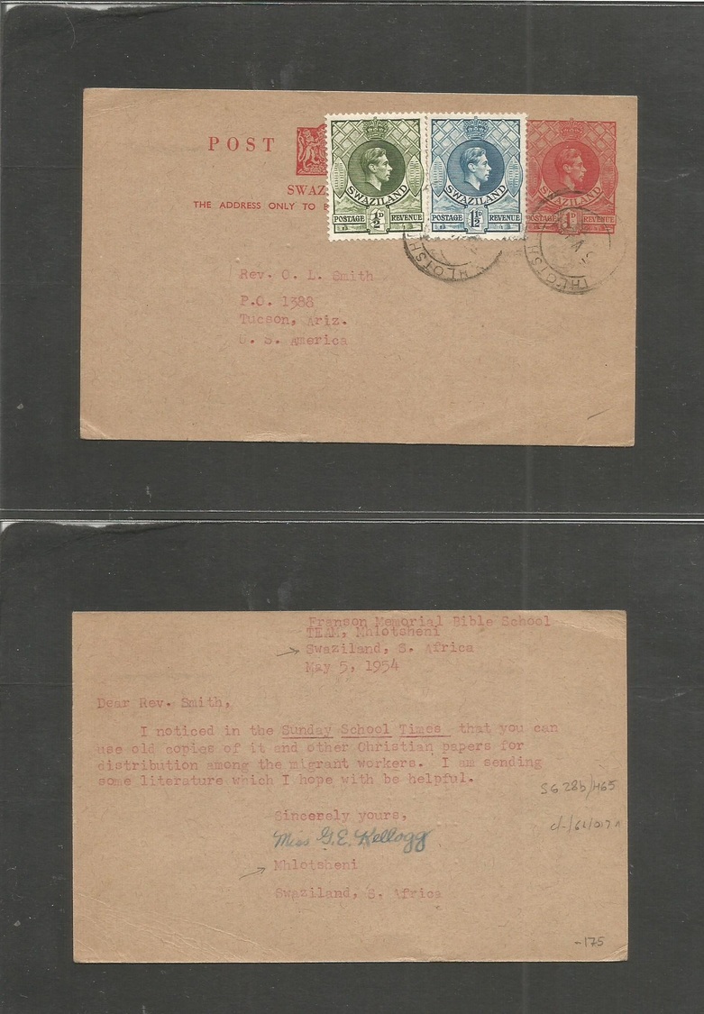 Bc - Swaziland. 1954 (May 5) Mhlotsheni - USA, Tucson, Az 1d Red Stat Card + 2 Adtls Village Cds. Missionary Very Scarce - Autres & Non Classés