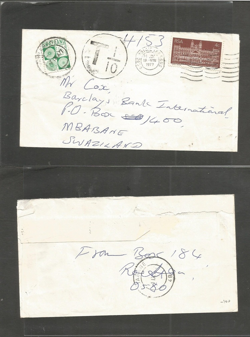 Bc - Swaziland. 1977 (18 Aug) South Africa, Roetiga - Mbabane (1 Sept) Fkd + Taxed Env + Arrival Postage Due 5c Green Ti - Autres & Non Classés