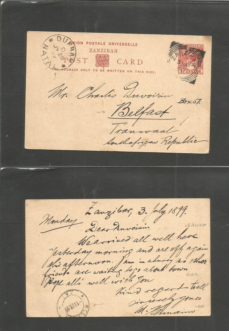 Bc - Zanzibar. 1899 (3 July) BOER WAR - SOUTH AFRICA. GPO - Belfast, Transvaal, ZAR (1 Aug) 1 Anna Red Stat Card, Cds +  - Autres & Non Classés