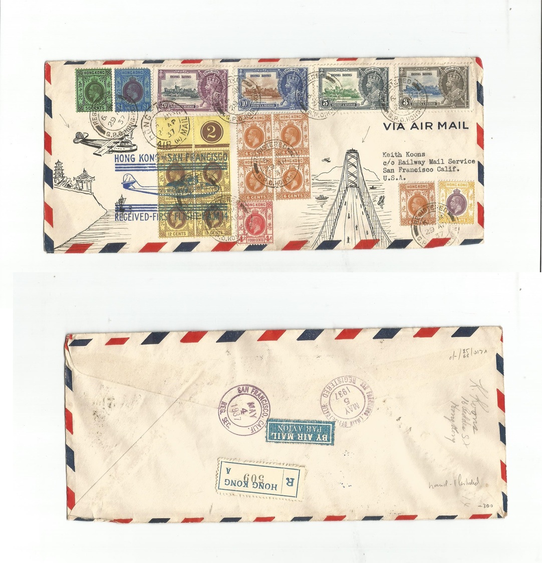 Hong Kong. 1937 (29 Apr) HK - USA, SF (4 May) First Flight Pacific Clipper Registered High Superfkd Envelope Hand Illust - Autres & Non Classés