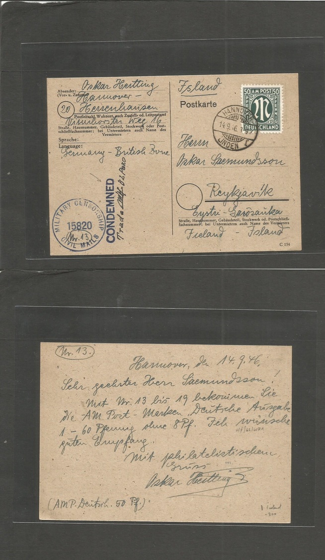 Iceland. 1946 (14 Sept) Linden, Hannover - Reykjavik. Fkd 5 O Pf Card, British Zone + Arrival "CONDEMNED / Trade B2 Pexo - Autres & Non Classés