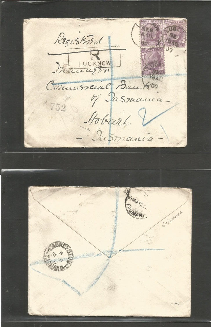India. 1907 (16 Aug) Lucknow - Tasmania, Hobart, Australia (Sept 11-12) Registered Multifkd Env. Better Destination. - Sonstige & Ohne Zuordnung