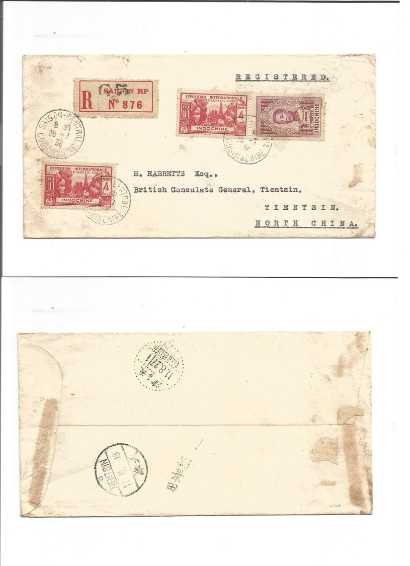 Indochina. 1938 (26 July) Saigon - North China, Trentsin (11 Ago) Registered Multifkd Env. Aux Chinese Cachet + Arrival  - Autres - Asie