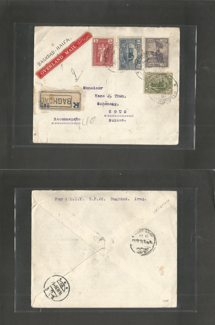 Iraq. 1926 (7 April) Baghdad - Switzerland, Zus (16 April) Via Port Said "BAGDAD - HAIFA Overland Mail" Special Label. R - Iraq