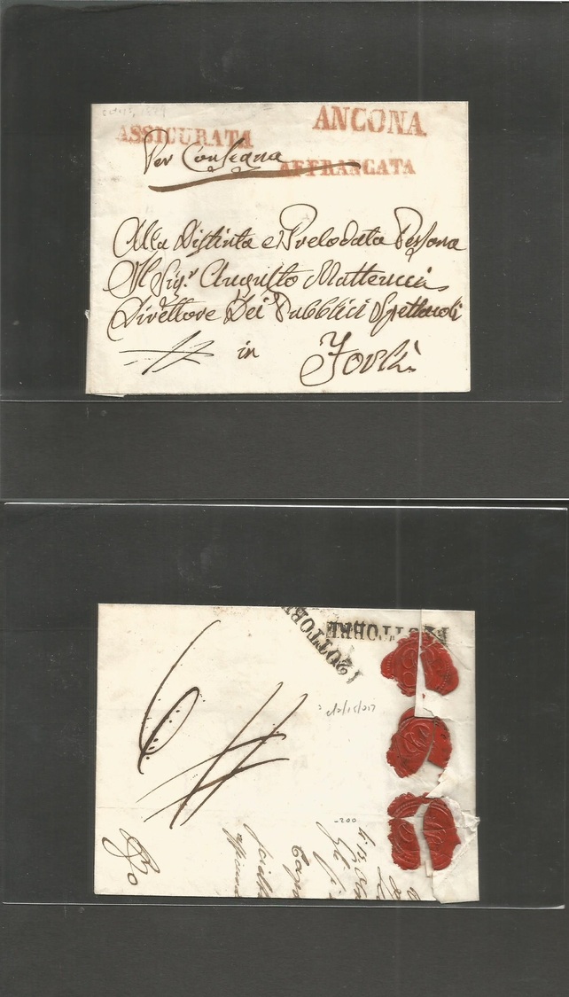 Italy - Prephilately. 1849 (10 Oct) Ancona - Forli (12 Oct) EL Red Ancona + Assicuratta + Affrancata. Registered Mail. V - Non Classés