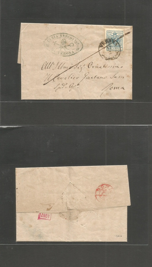 Italy Lombardy - Venetia. 1857 (12 Febr) Verona - Roma (13 Feb) EL Full Text Fkd 45 Cents Blue Large Margin Cds + Papal  - Non Classés