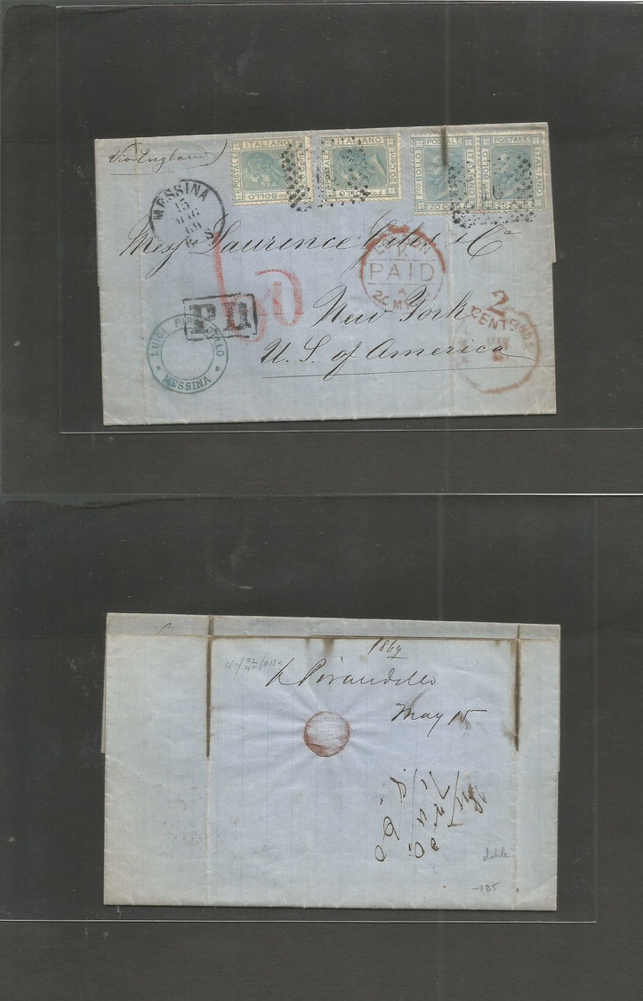 Italy. 1865 (15 May) Messina - USA, NYC. EL Full Text Fkd King Emmanuel 20c Light Blue (x4) Incl Pair Tied Dots Square + - Non Classés