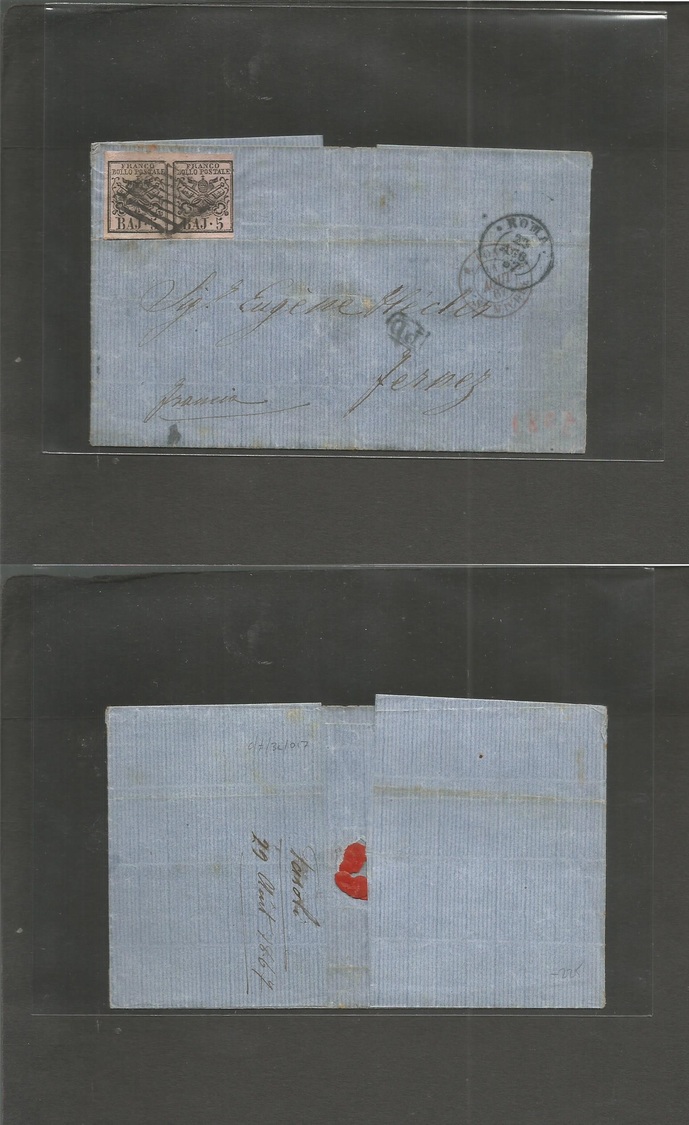 Italy Papal States. 1867 (25 Aug) Roma - France, Fernez (1-2 Sept) EL Fkd 5 Baj Pink Long Pair, Cancelled Grill, Large M - Non Classés