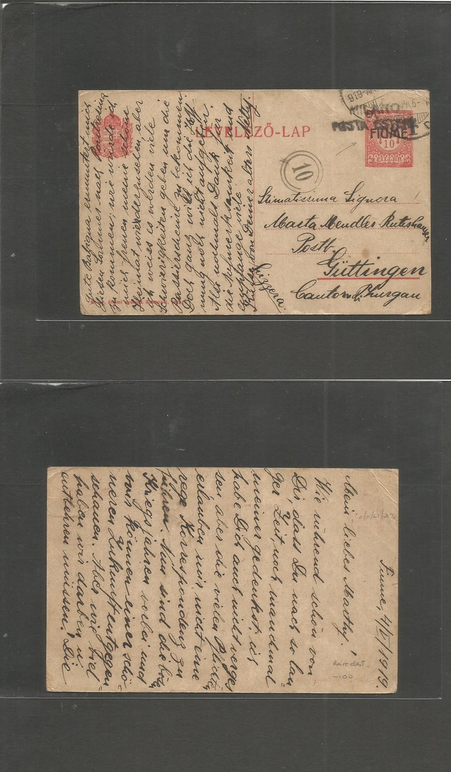 Italy - Xx. 1919 (4 May) Fiume - Switzerland, Güttingen. 10 Pf Tied Hungary Ovptd Card + Italian Milano Censor Stline Ca - Non Classés