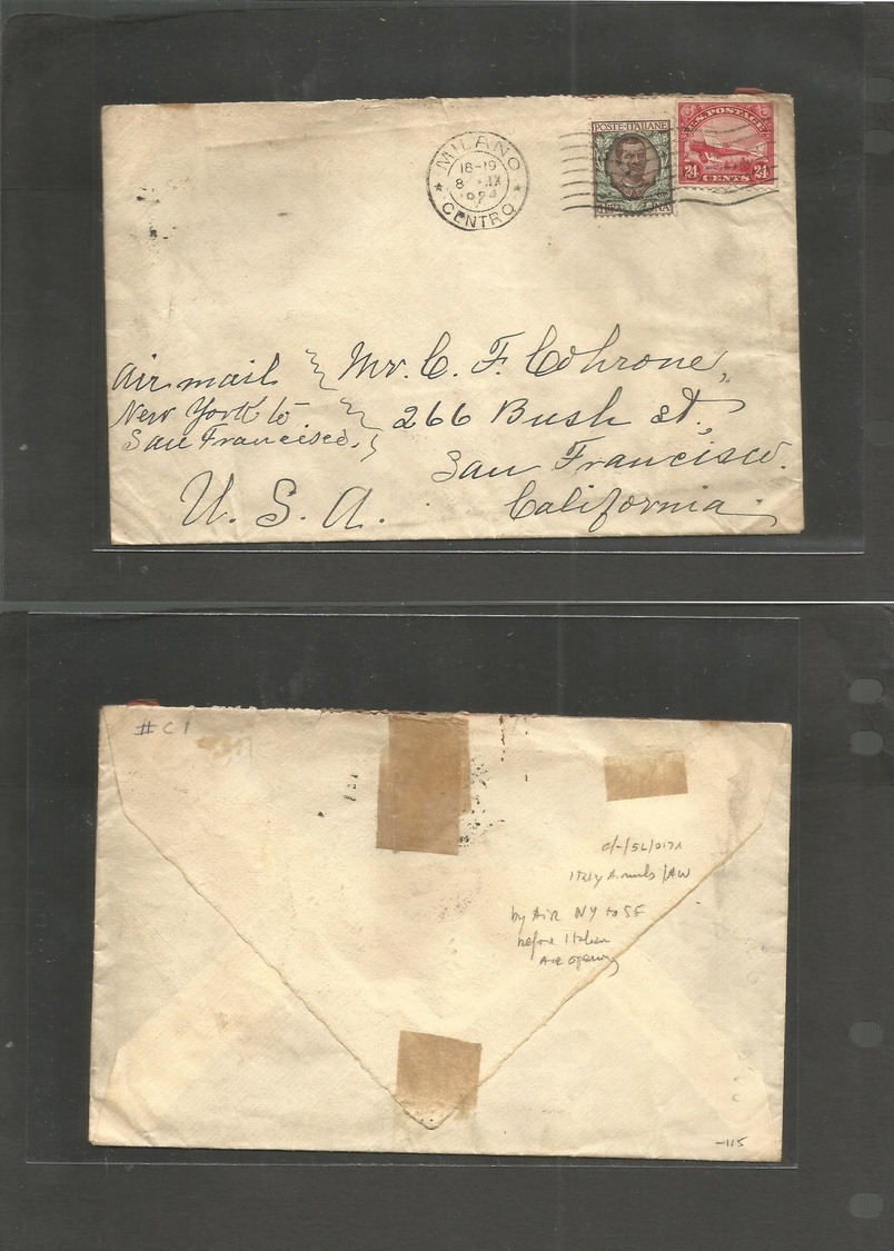 Italy - Xx. 1924 (8 Sept) Milano - USA, California, San Francisco. Italy + US Airmail Stamp Mixed Franking For Sea + Air - Non Classés
