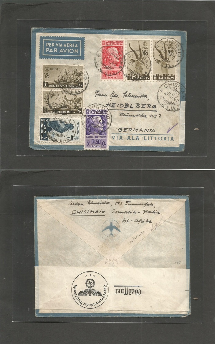 Italian Colonies. 1940 (28 March) Somalia, Chisimaio - Germany, Heidelberg. Air Multifkd Env Incl. Faune Issue. Lovely I - Non Classés