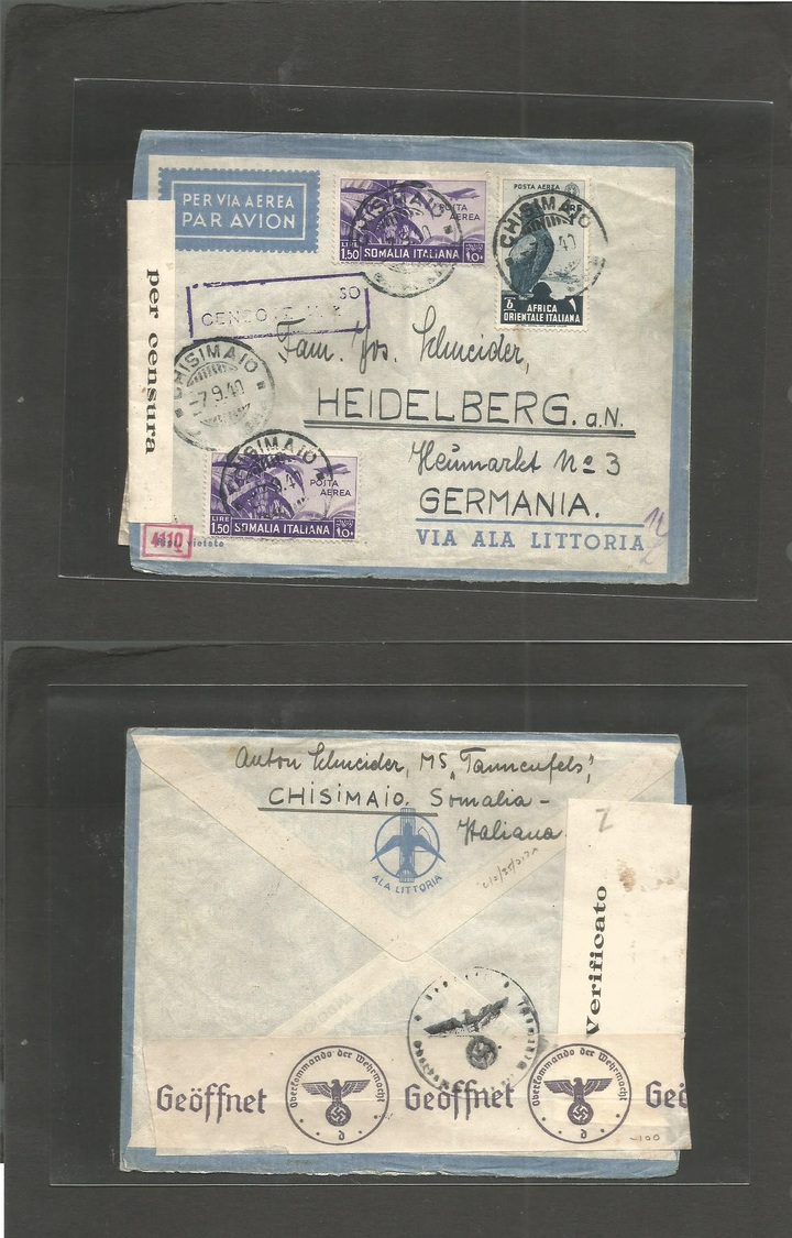 Italian Colonies. 1940 (7 Sept) Somalia, Chisimaio - Germany, Heidelberg. Air Multifkd Envelope. Bird Issue. Somalia + N - Non Classés