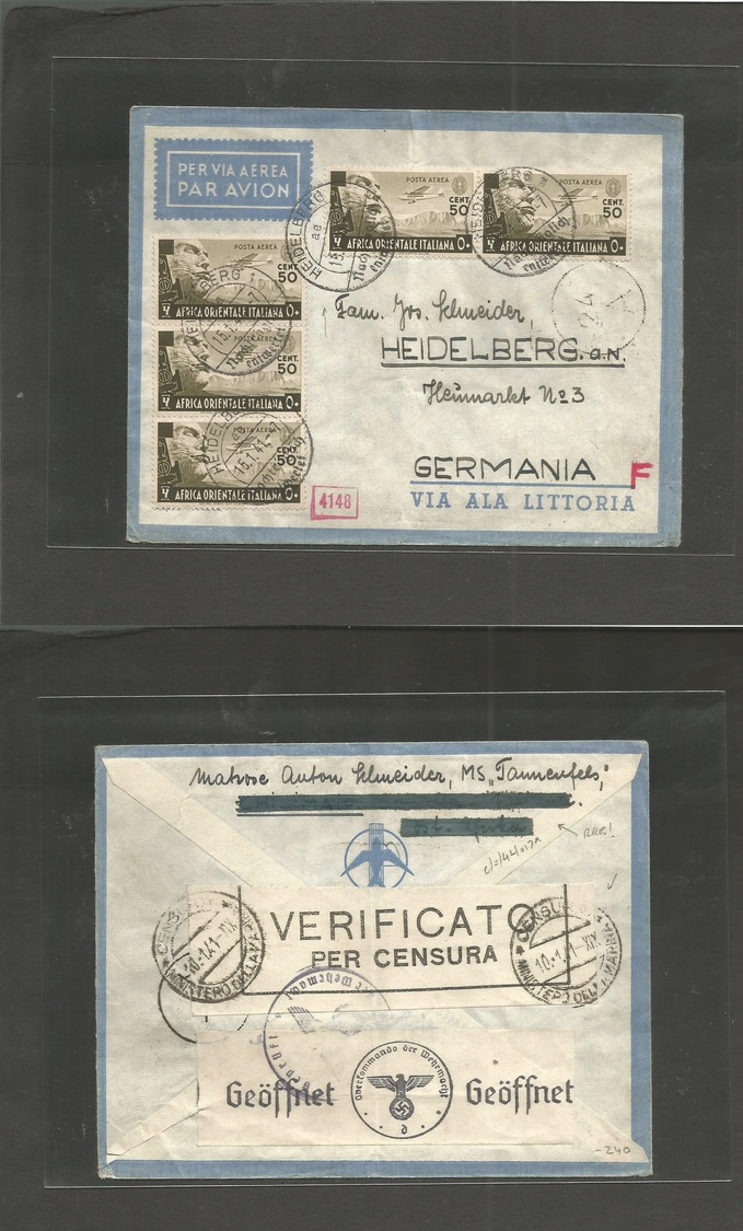 Italian Colonies. 1941 (Jan) Somalia WWII. Air Multifkd Env "MS Tannenfels" (Ost Afrika Crossed Out By Censorship) Multi - Zonder Classificatie