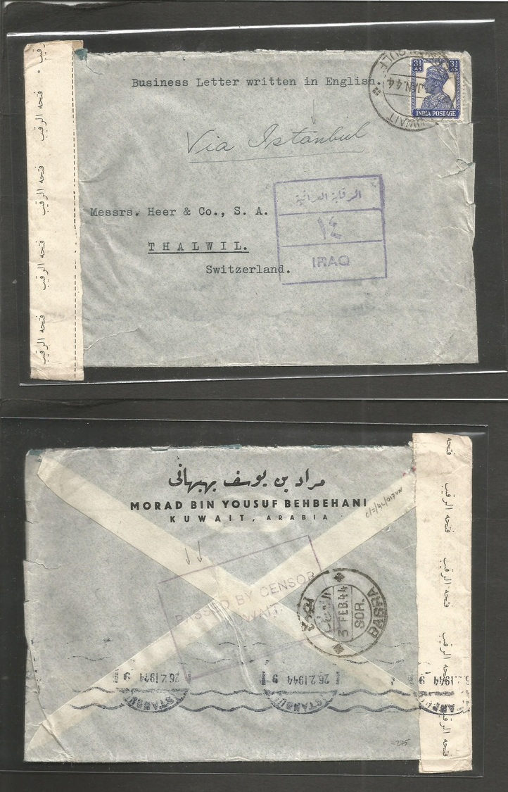 Kuwait. 1944 (3 Jan) GPO - Switzerland, Thalwil .Via Baghdad (Iraq 3 Feb) Instambul (26 Feb) Fkd Env India 3 1/2 Anna An - Koweït