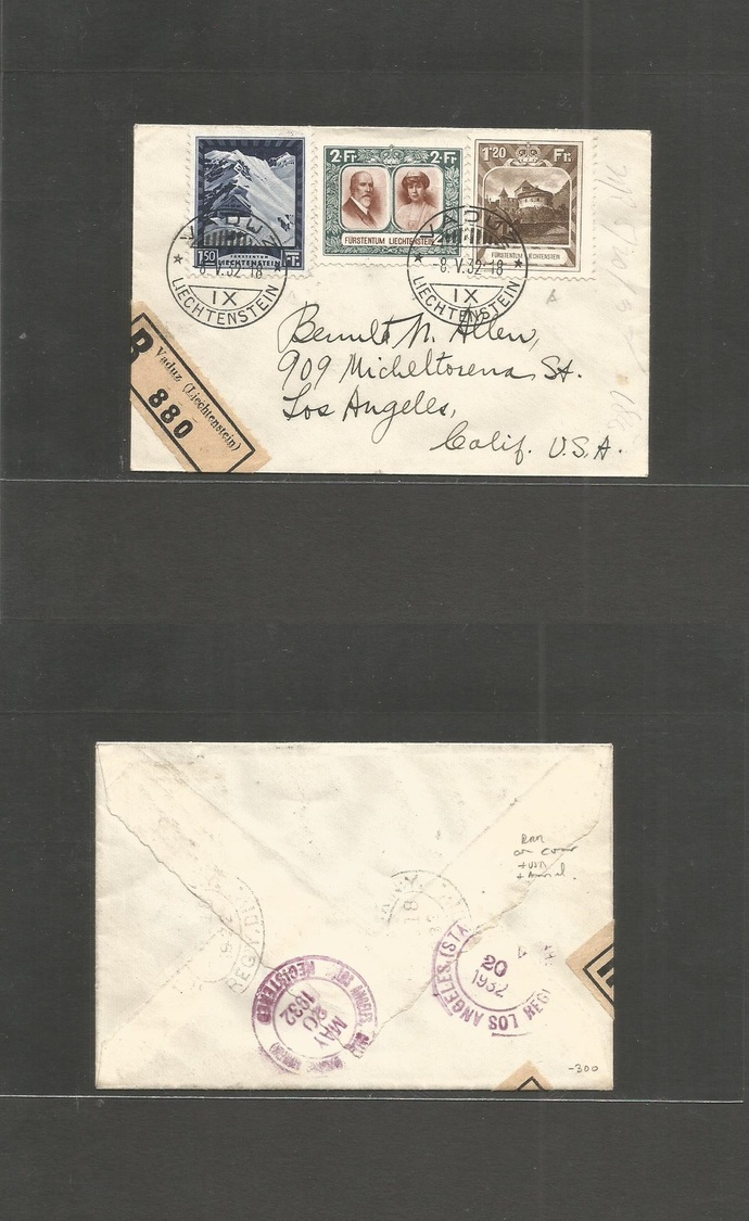 Liechtenstein. 1932 (8 May) Vaduz - USA, Calif / Los Angeles (20 May) Registered Multifkd Envelope. Scarce Set Circulate - Autres & Non Classés