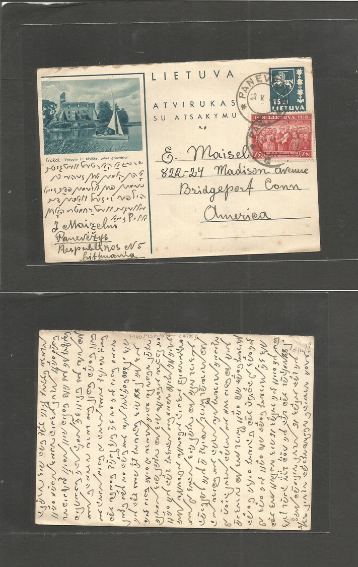 Lithuania. 1940 (23 May) Panevszys - USA, Bridge Port, Conn 15ct Green Trakai View Illustrated Stat Card + Adtl 75c Cds. - Lituanie