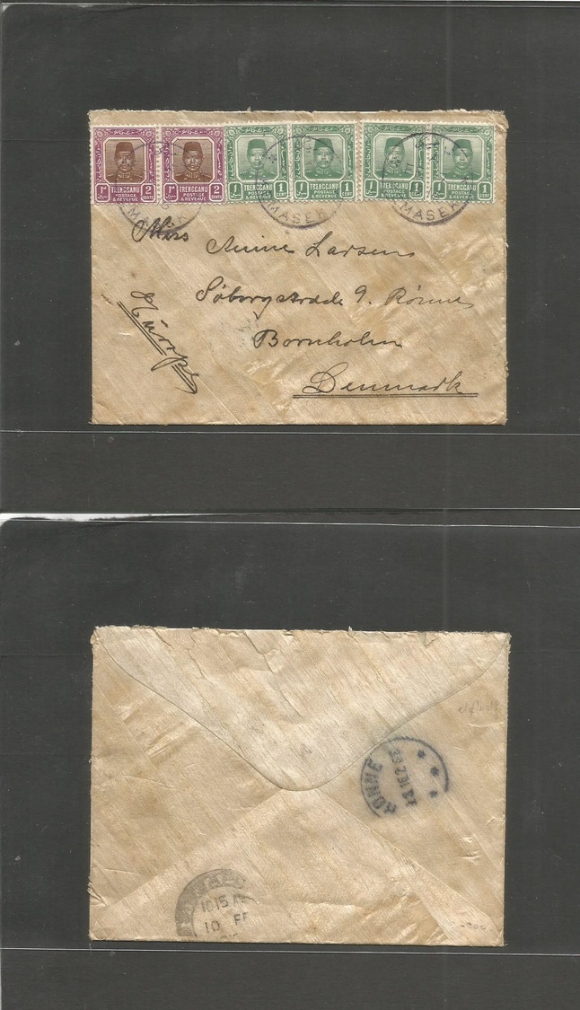 Malaysia. 1916 (7 Feb) Trangganu. Kemasek - Denmark, Bomholm (9 March) Multifkd Envelope Depart Cds. Via Singapore (10 F - Malaysia (1964-...)