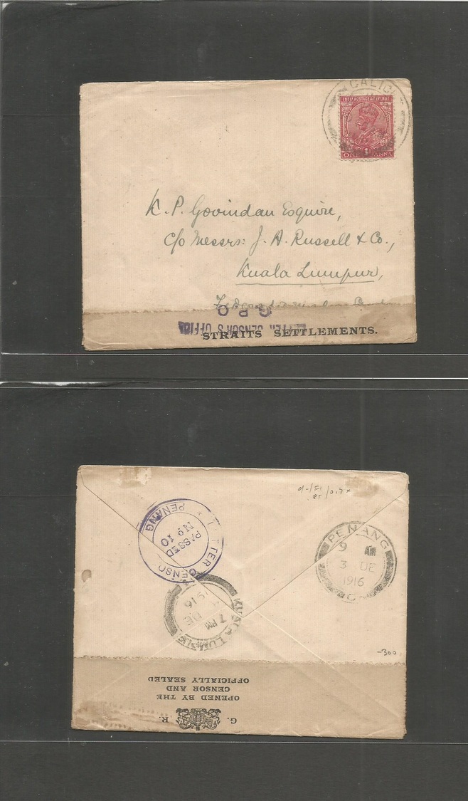 Malaysia. 1916 (3-4 Dec) India, Caliht - Kuala, Lumpur, FMS. Fkd Env, Censored Label At Destination GPO / St. St + Rever - Malaysia (1964-...)