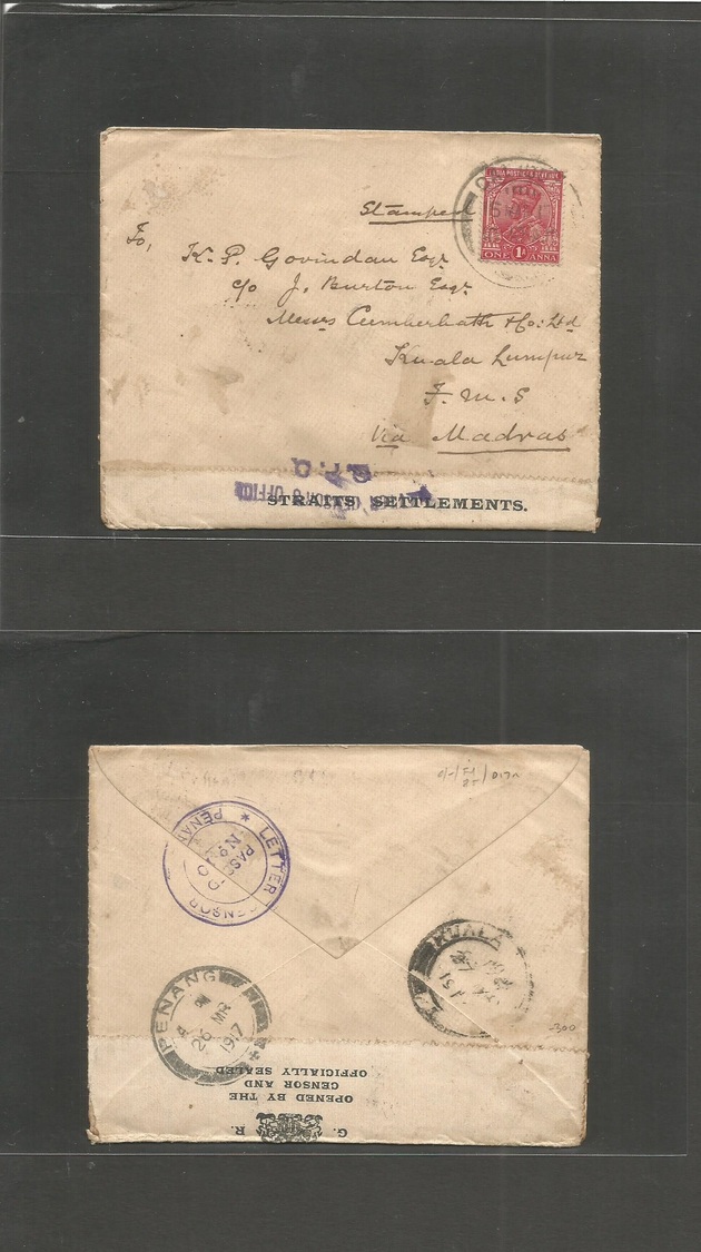 Malaysia. 1917 (26-27 March) WWI Censored Mail. India Daliout - Kuala Lumpur, FMS. Fkd Env + Censor St. St Label + GPO C - Malaysia (1964-...)