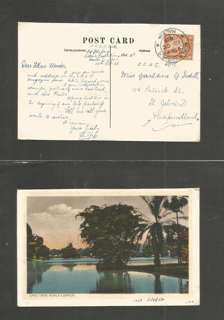 Malaysia. 1938 (12 Oct) KL - Newfoundland, St. Johns. CANADA. Single Fkd View Ppc. VF + Better Dest Area. - Malaysia (1964-...)