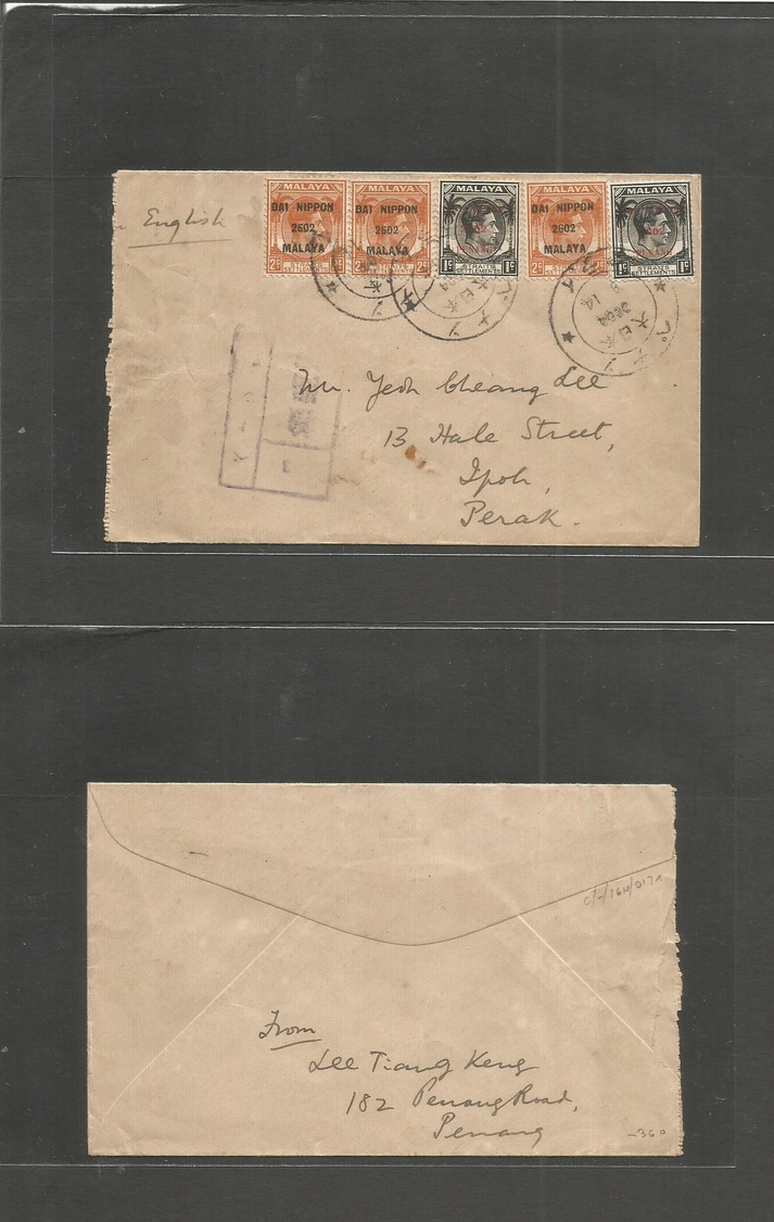 Malaysia. 1944 (14 Aug) Japanese - Malaya Occup. Penang - Ipoh, Perak. Multifkd Ovptd Issue + Multicacheted Envelope. VF - Malaysia (1964-...)