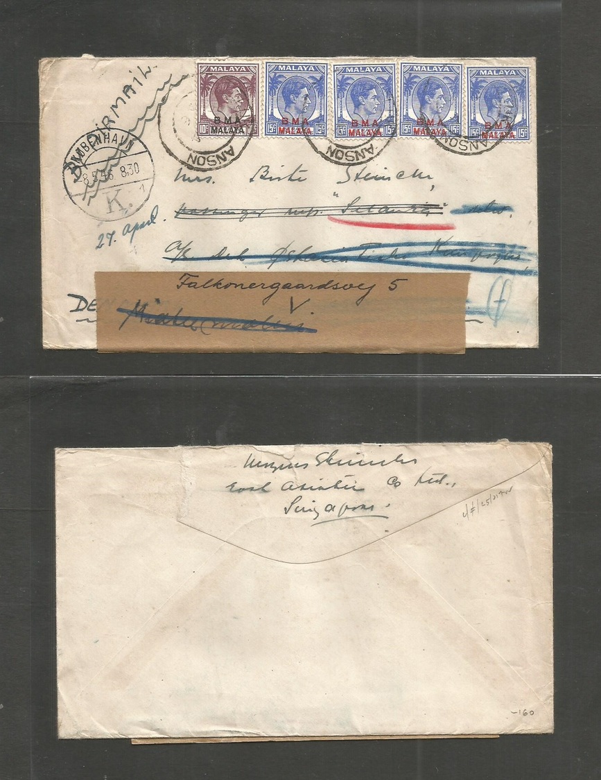 Malaysia. 1946. BMA, Teluk Anson - Denmark, Kph (8 May) Fwded. Multifkd Env At 70c Rate Cds. VF. - Malaysia (1964-...)