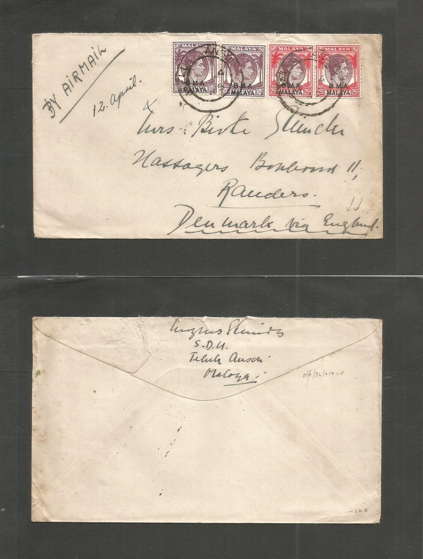 Malaysia. 1946 (12-13 April) BMA. Teluk Anson - Randers, Denmark. Air Via England Multifkd Env. VF Postmark Strike. - Malaysia (1964-...)