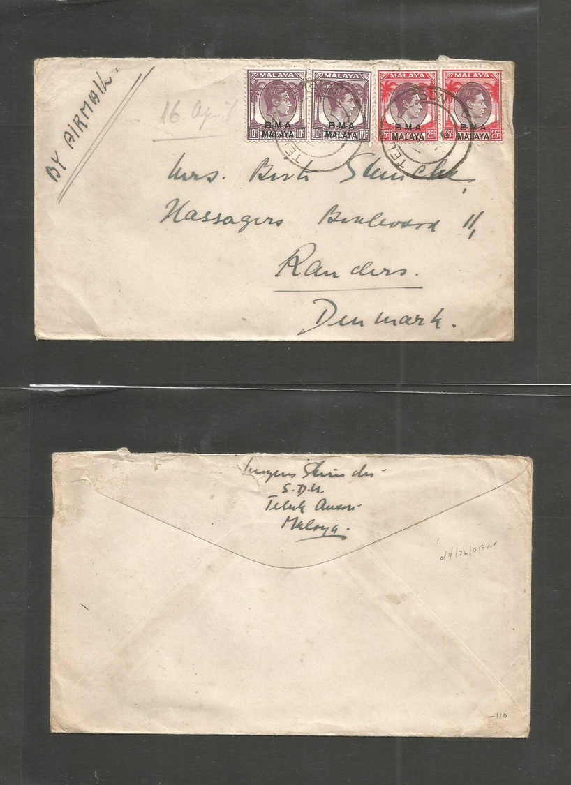 Malaysia. 1946 (17 April) BMA. Teluk Anson - Randers, Denmark. Air Multifkd Env (via England) VF Postmark Usage. - Malaysia (1964-...)