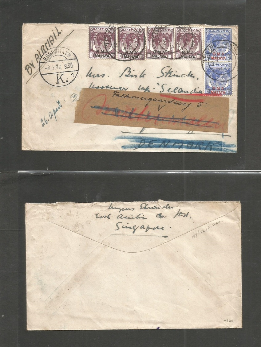 Malaysia. 1946 (22 April) BMA. Teluk Anson - Randers, Denmark Fwded Kopenhagen (8 May) Air Multifkd Env Neat Cds. VF. - Malaysia (1964-...)