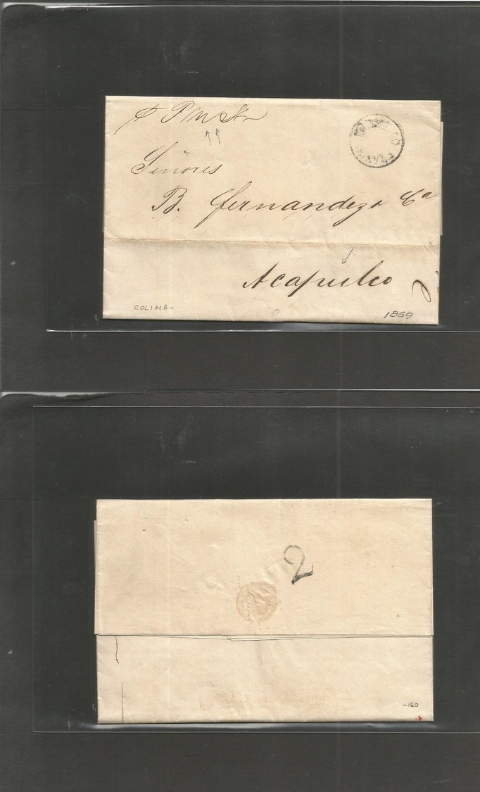 Mexico - Stampless. 1869 (4 Oct) Sello Negro, Colima - Acapulco. EL Full Text Depart "Franco Colima" Ring + "2" Reales R - Mexique