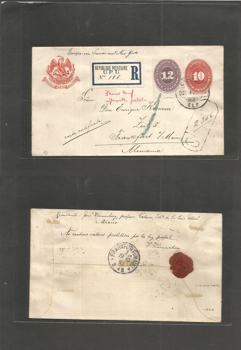 Mexico - Stationery. 1893 (4 Oct) Catorce, SLP - Germany, Frankfurt (19 Oct) Registered 10c Vermilion Stationary SPM Env - Mexico