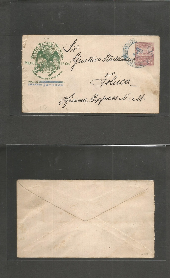 Mexico - Stationery. 1895 (6 March) C. Carmen - Toluca. Express Nacional Mexicano 15 Cms 10c Lilac Military Issue Stat E - Mexique