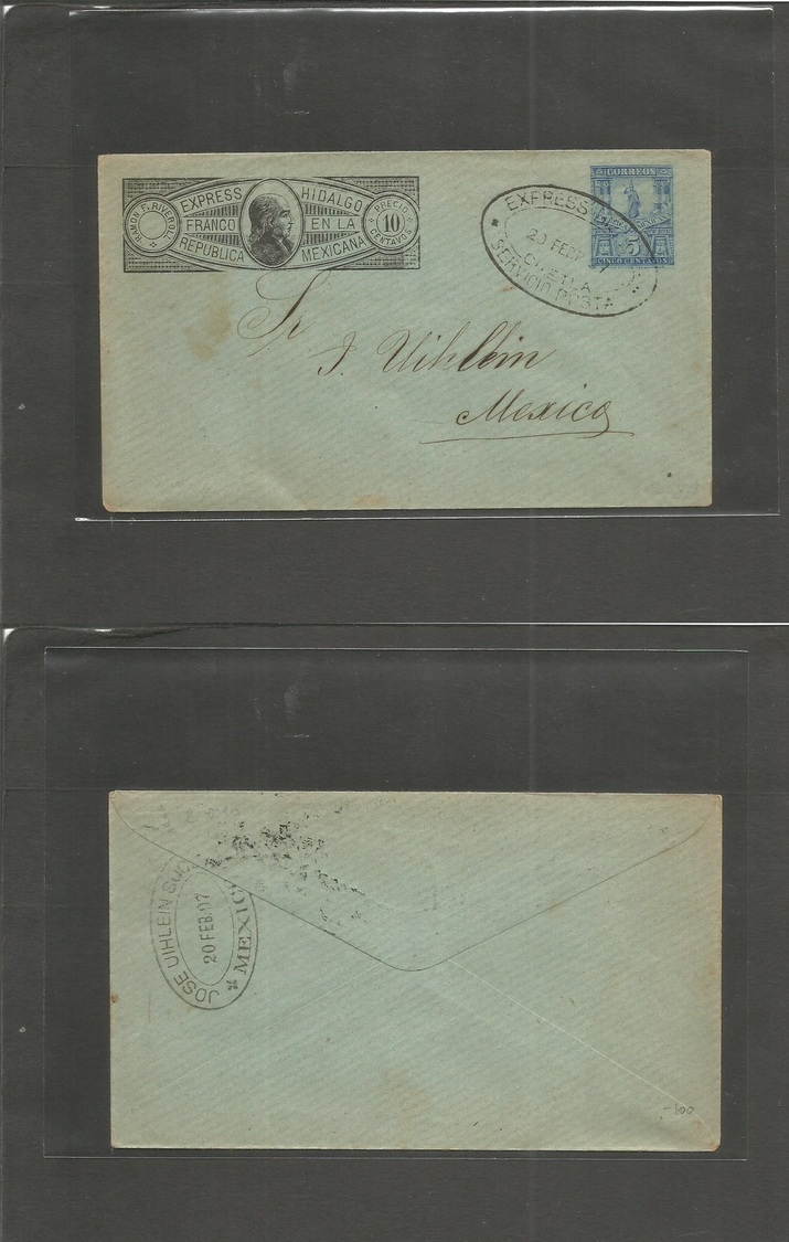 Mexico - Stationery. 1897 (20 Febr) Express Hidalgo 10c Black On Bluish Paper, Diagonal Wmk Lines 5c Blue Military Issue - Mexique