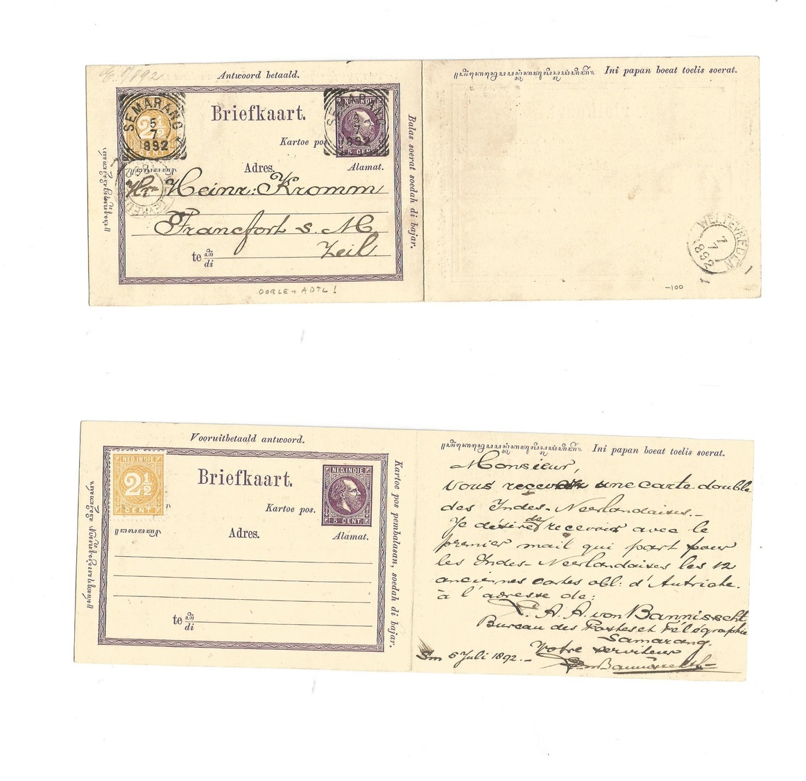 Dutch Indies. 1892 (5 July) Semarang - Germany, Frankfurt. Via Weltevreden (7 July) Scarce Doble Stationary Early Card W - Indonésie